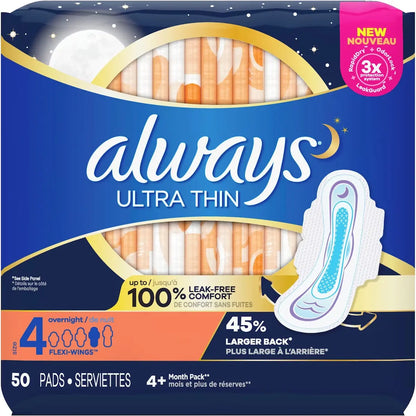 Always Ultra Thin Overnight Pads with Flexi-Wings, Size 4, Overnight, Unscented front package