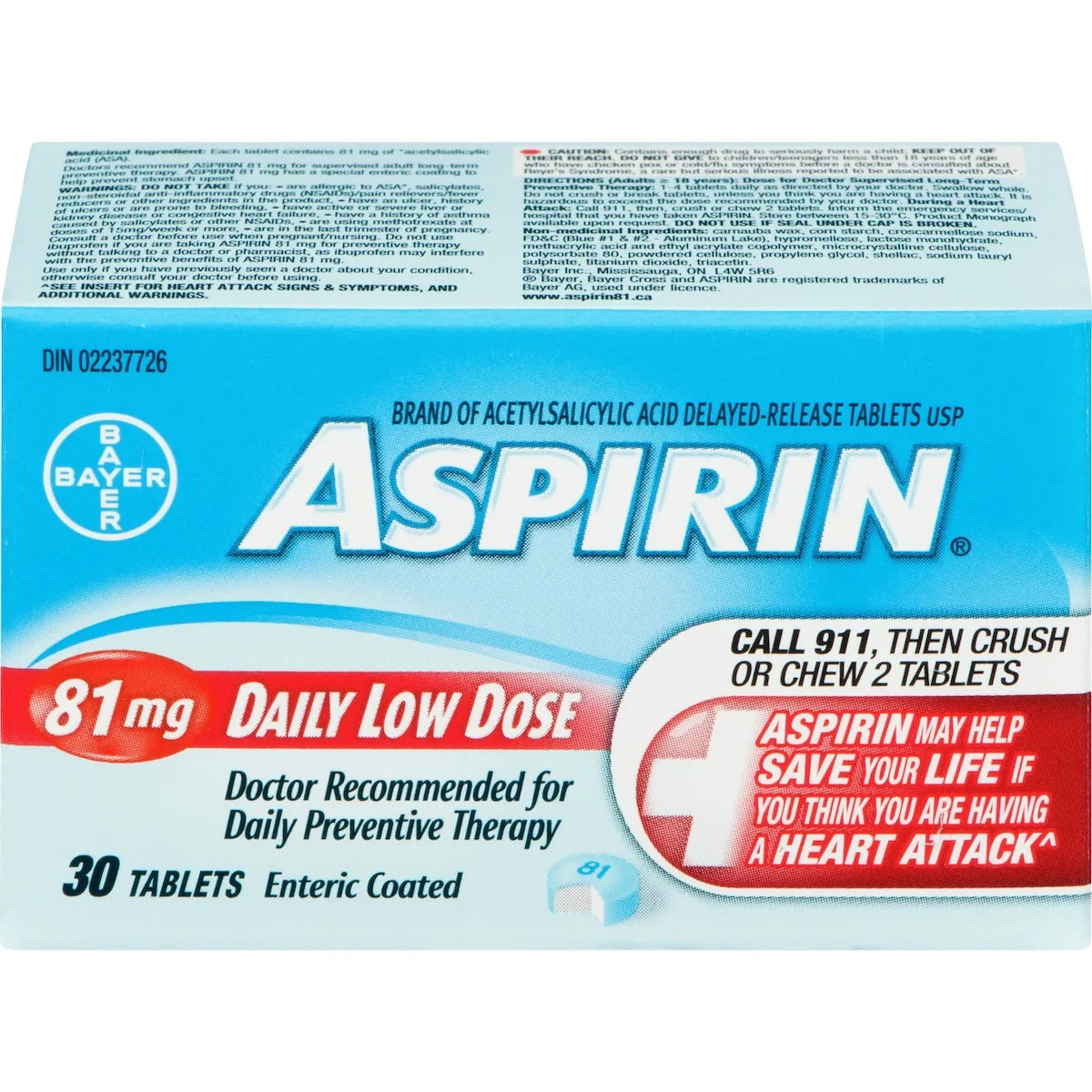 Aspirin 81Mg, Daily Low Dose Enteric Coated Tablets, 30 Tablets front package