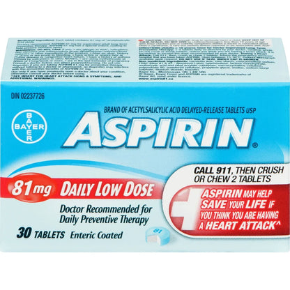 Aspirin 81Mg, Daily Low Dose Enteric Coated Tablets, 30 Tablets front package