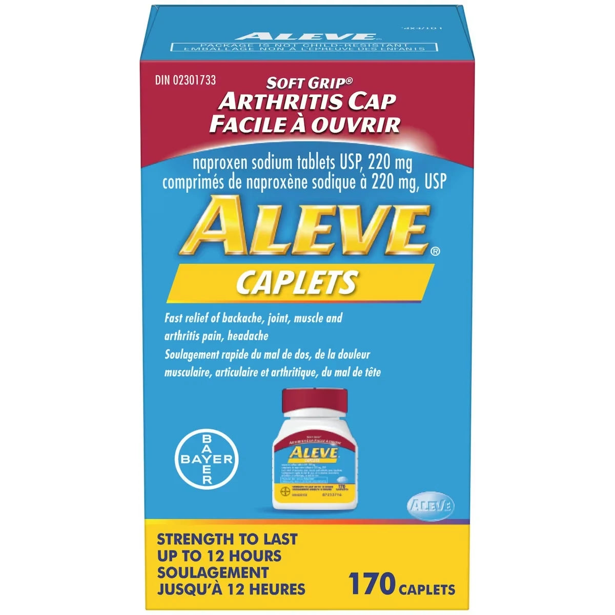 Aleve Pain Relief Caplets With Easy Open Soft Grip Arthritis Cap, 220Mg, 170 Caplets front package
