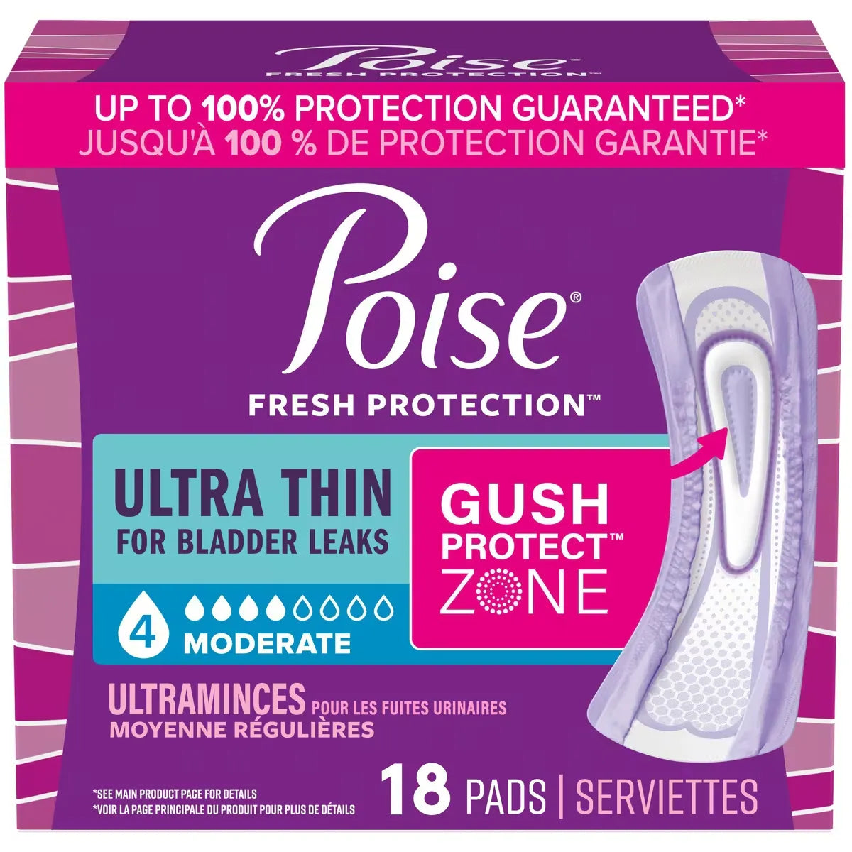 Poise Ultra Thin Incontinence Pads, Moderate Absorbency, Regular Length front package