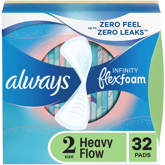Always Infinity Feminine Pads for Women, Flexfoam Pads, Size 2, Heavy Absorbency, Unscented, 32 CT 32 count front package