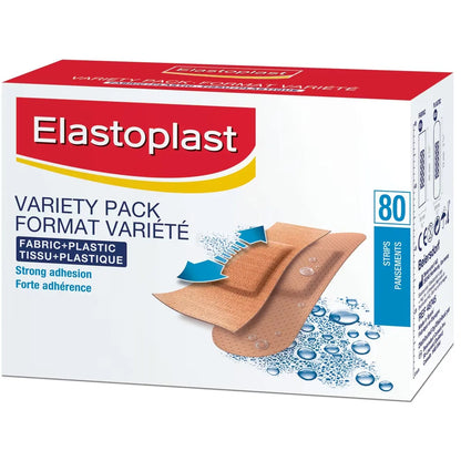 Elastoplast Fabric + Plastic, 80 Strips Variety Pack front package