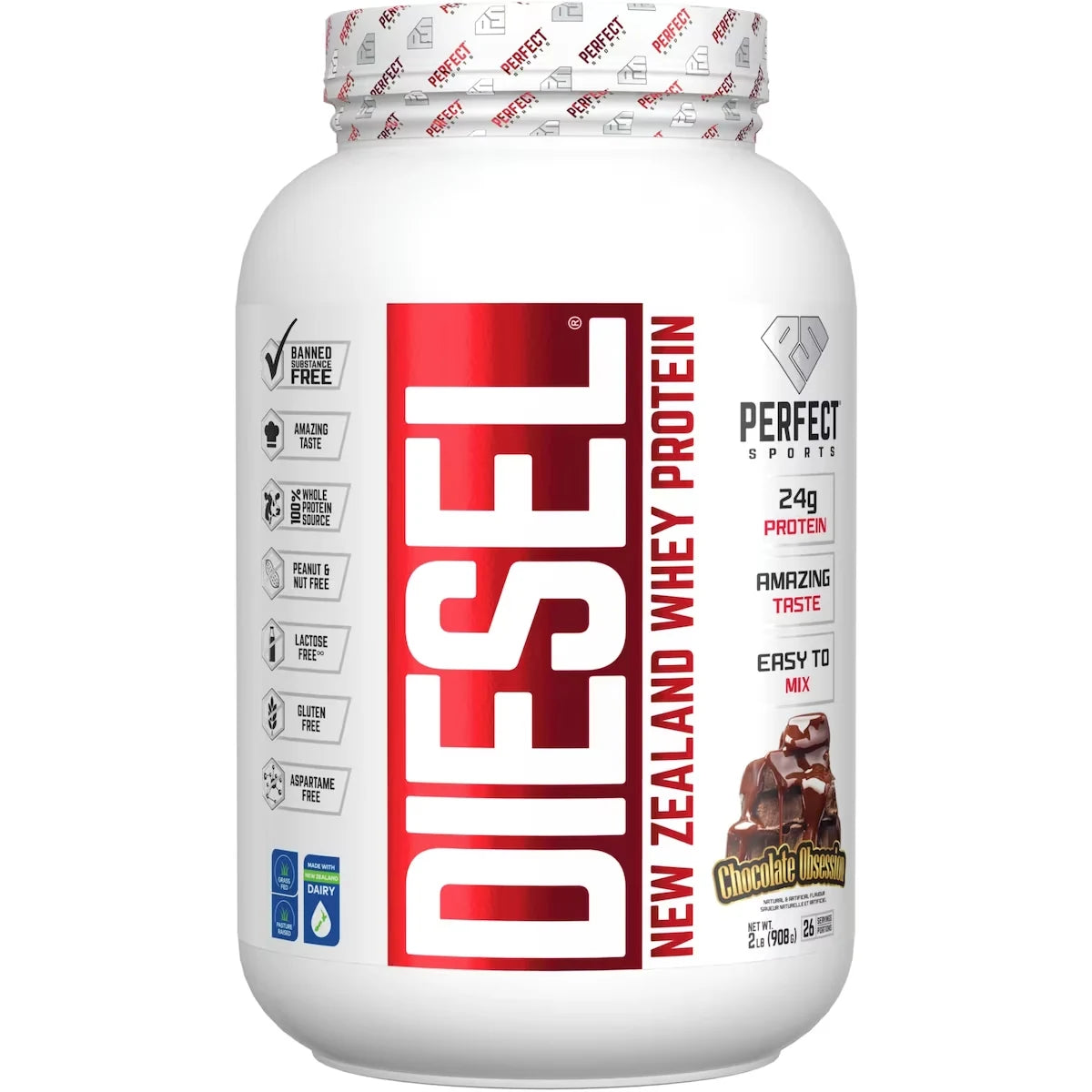 Perfect Sports Diesel New Zealand Whey Protein Chocolate 908 g front package