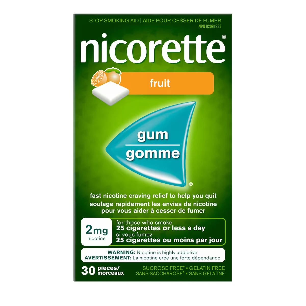 Nicorette Nicotine Gum, 2 mg, Fresh Fruit front package