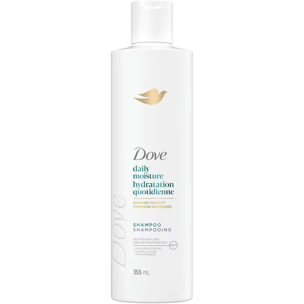 Dove Shampoo for Dry Hair Daily Moisture with Liquid Bio-Protein Care and Hyaluronic Serum 355 ML front package