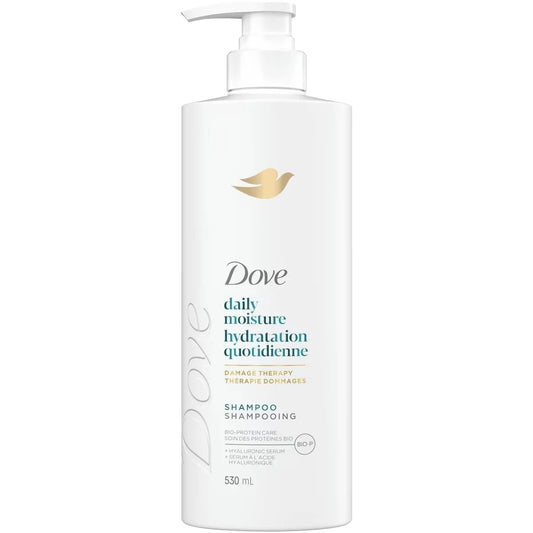 Dove Daily Moisture Shampoo for Dry Hair, with Liquid Bio-Protein Care and Hyaluronic Serum, 530 ML front package