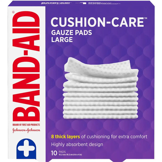 Band-Aid CUSHION-CARE Gauze Pads Large, 4 Inch by 4 Inch, 10 ea front package