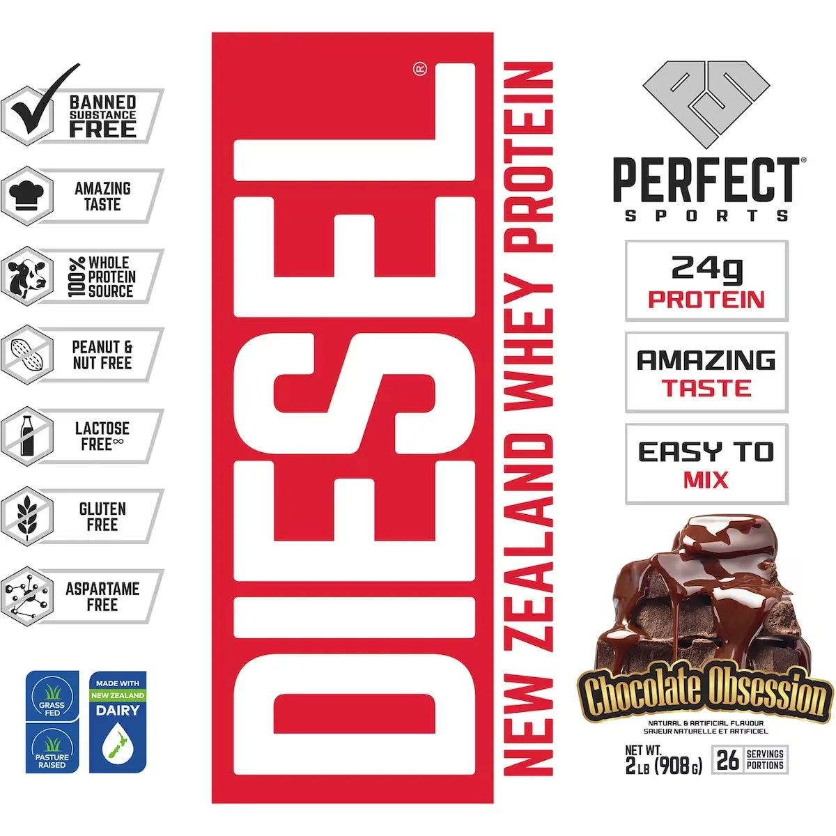 Perfect Sports Diesel New Zealand Whey Protein Chocolate 908 g product detail