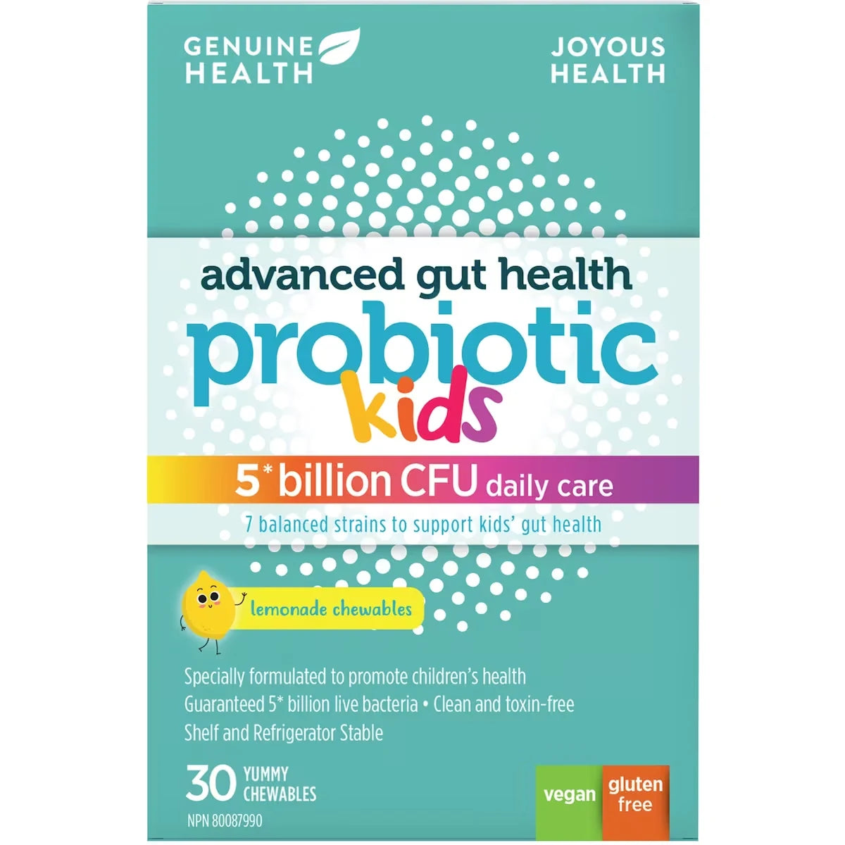 Genuine Health Advanced Gut Health Chewable Probiotic for Kids, Lemonade Flavor, 5 Billion CFU front package