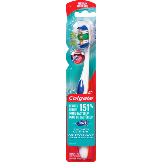 Colgate 360° Toothbrush with Tongue and Cheek Cleaner, Medium front package