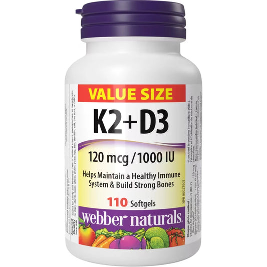 Webber Vitamin K2+D3 120 mcg/1000 IU Vitamin K2 120 mcg / Vitamin D3 1000 IU Softgel 110 count front package