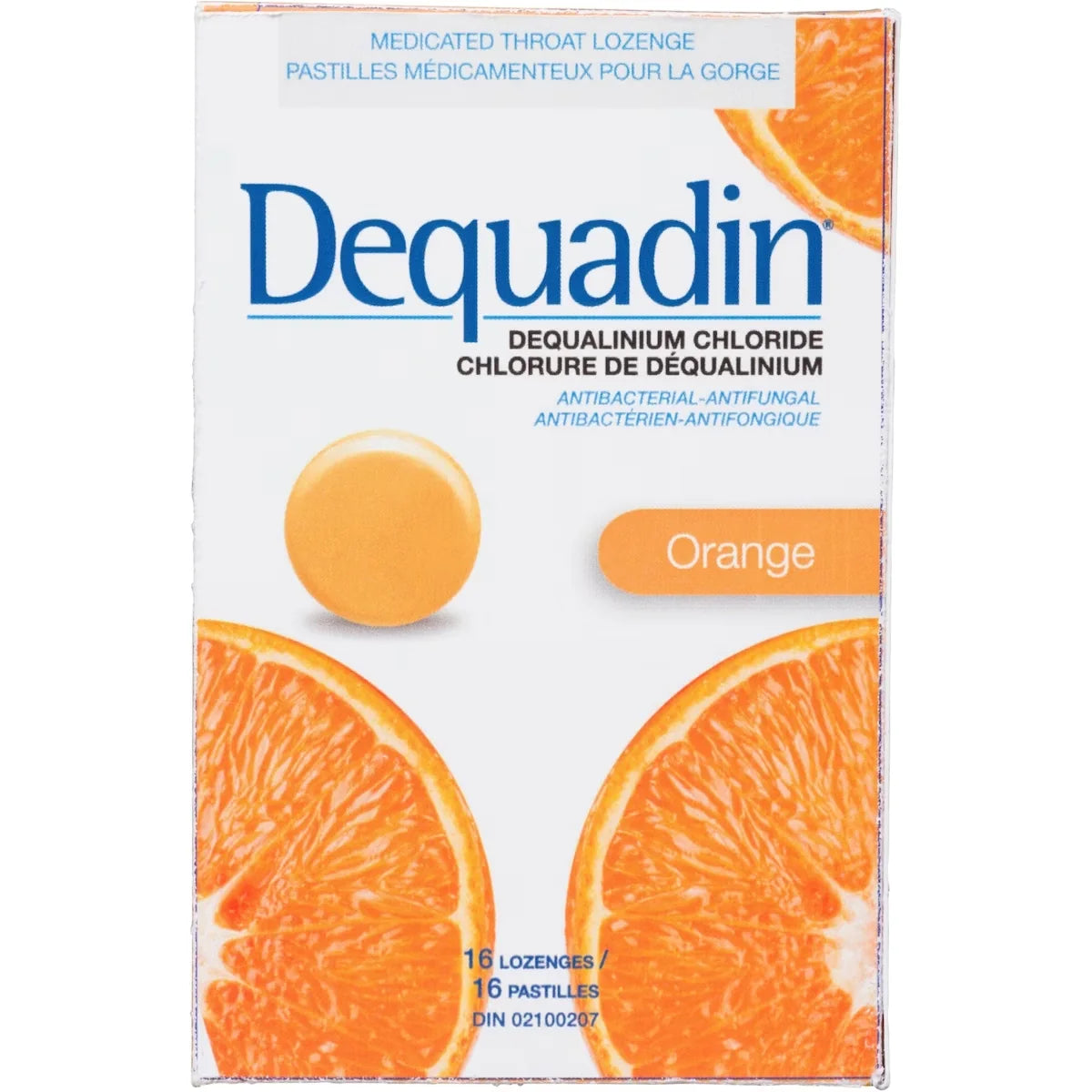 Dequadin Dequalinium Chloride Orange 16 Lozenges front package