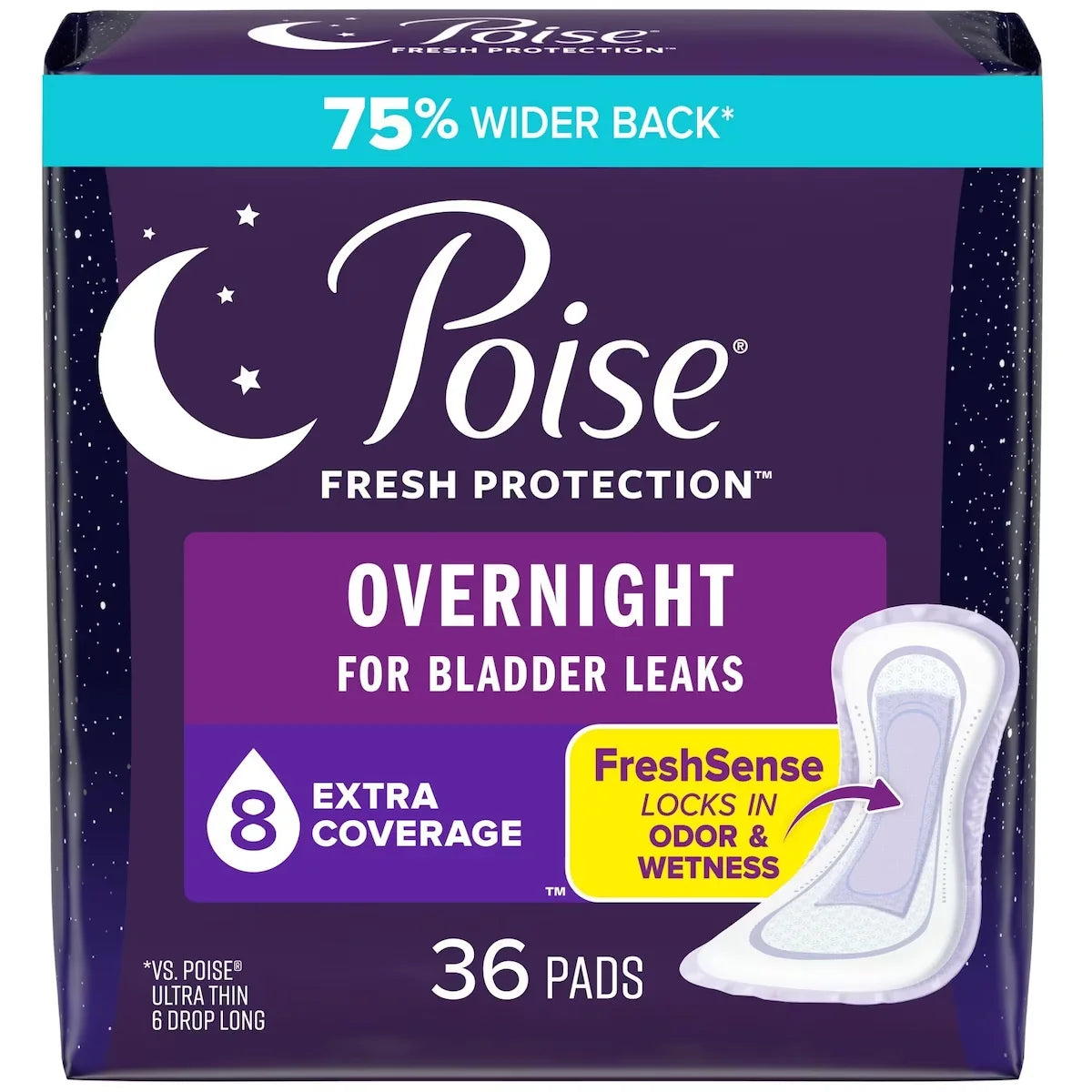 Poise Incontinence Pads & Postpartum Overnight Incontinence Pads, 8 Drop Extra Coverage, 36 Count front package