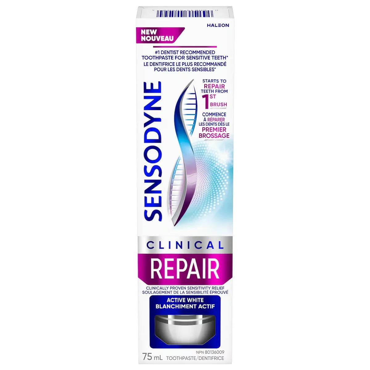 Sensodyne Clinical Repair Mint Toothpaste for Sensitive Teeth, Active White front package