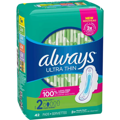 Always Ultra Thin Pads Size 2 Long Absorbency Unscented with Wings, 42 Count product detail
