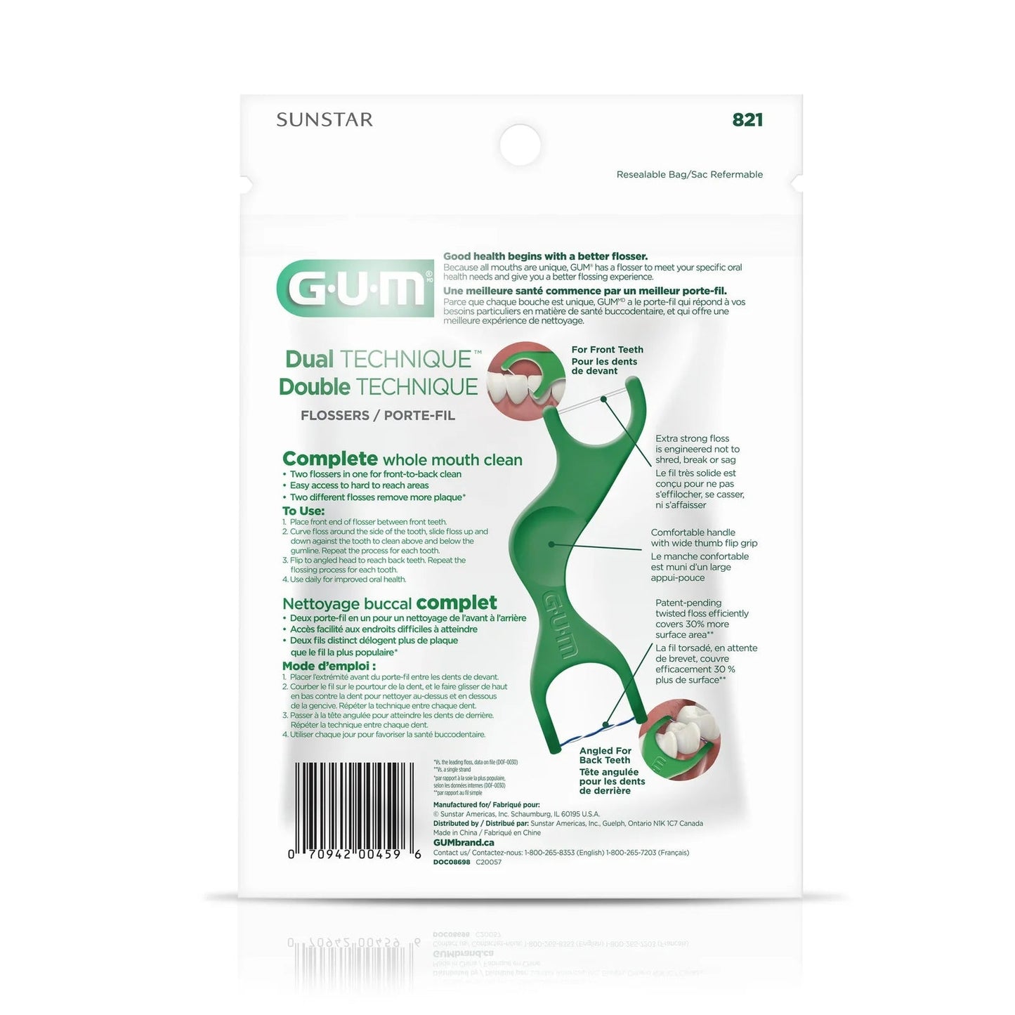 GUM DualTechnique 2-EN-1 Flossers, Menthe Fraîche, 50 unités