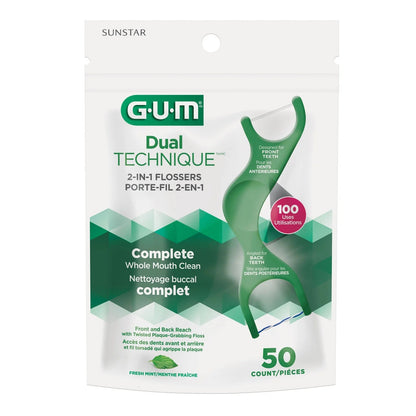 GUM DualTechnique 2-EN-1 Flossers, Menthe Fraîche, 50 unités