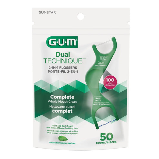 خيط تنظيف الأسنان GUM DualTechnique 2-IN-1، بنكهة النعناع المنعش، 50 قطعة