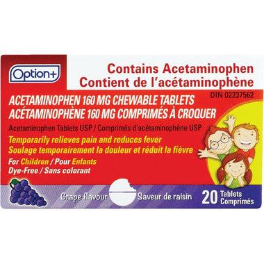 Option+ Junior Strength Acetaminophen chewable tablets Grape Flavour 20 tablets