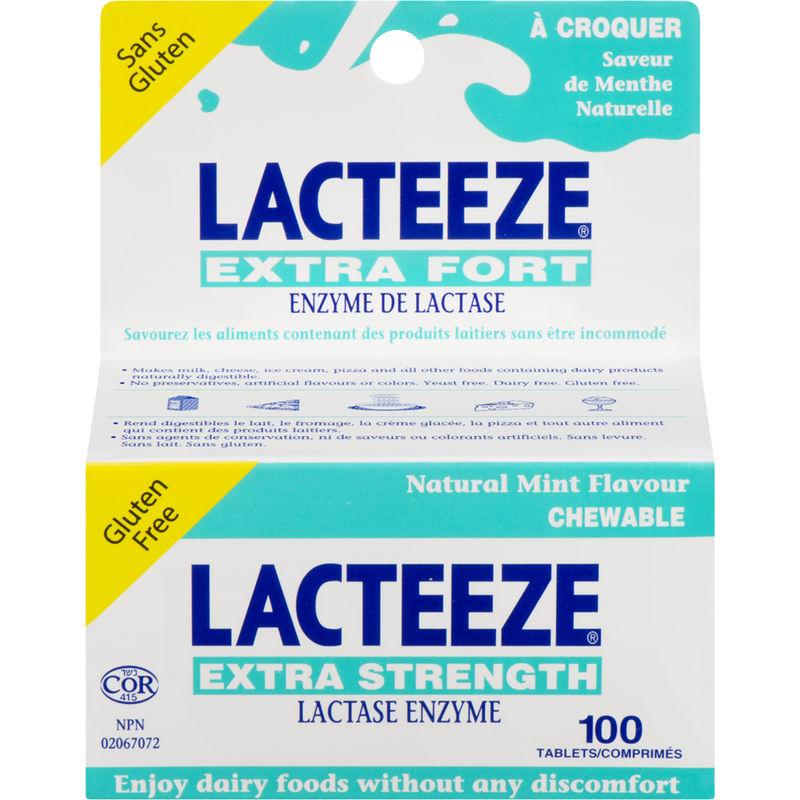 Lacteeze Extra Fort, Comprimés d'enzymes lactase, 100 comprimés à croquer, Menthe naturelle