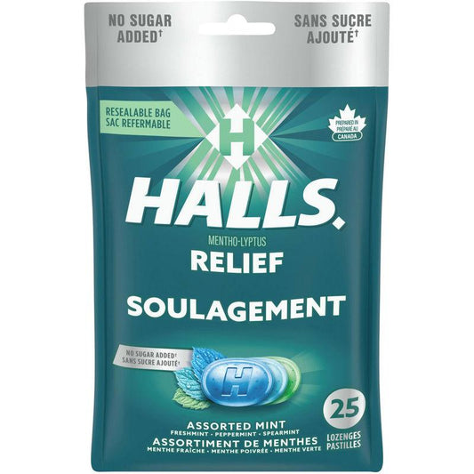 Halls Assortiment de pastilles à la menthe sans sucre ajouté, paquet de 25