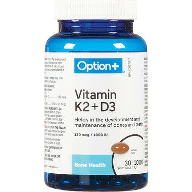 Option+ Vitamine K2 120mcg + D3 1000UI 30 gélules