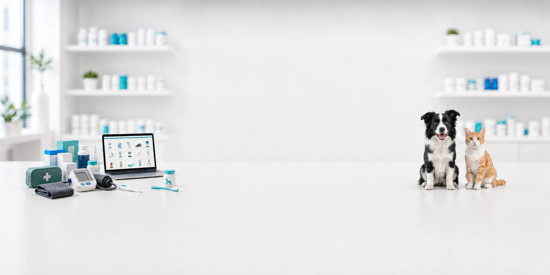 Online pharmacy and pet pharmacy with a dog, cat, OTC products and home healthcare equipment
